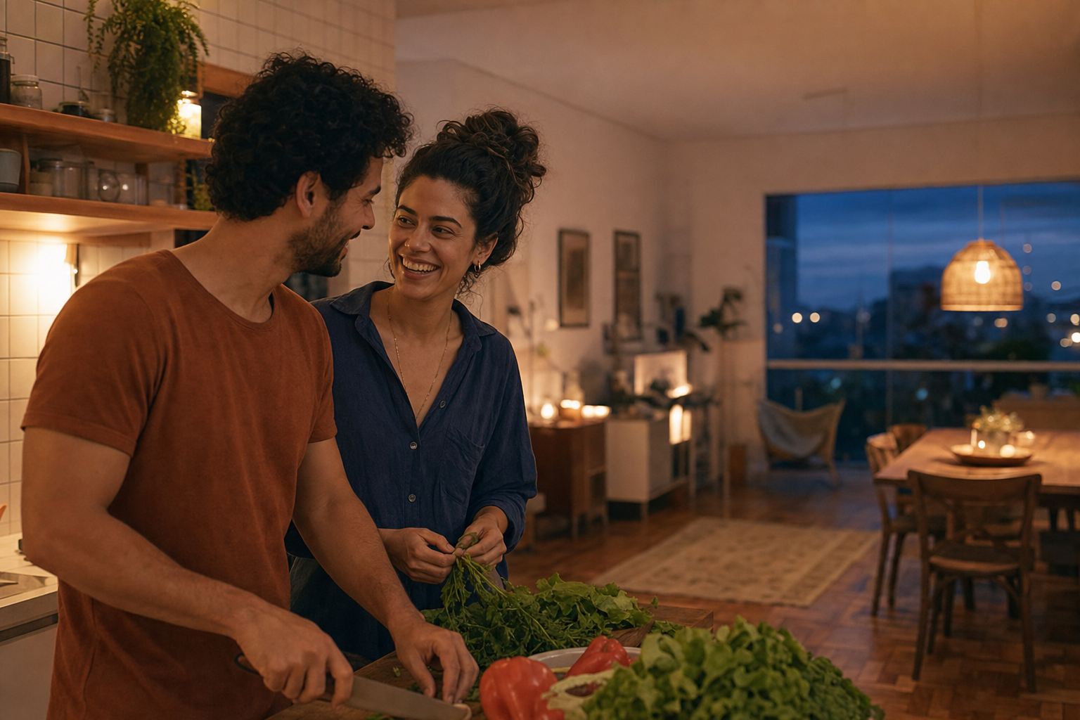 Casal preparando o jantar juntos em casa