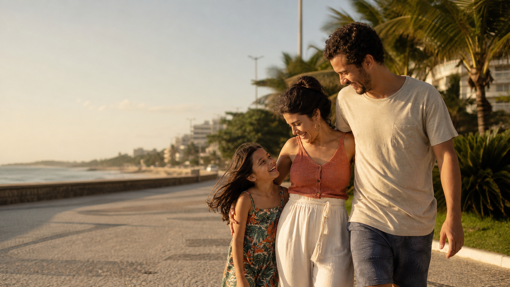 Família caminhando junta em um fim de tarde tranquilo
